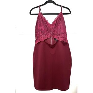 Honey Peach Women's XL Bodycon Mini Party Dress Maroon Lace Bodice Cut Out Belly